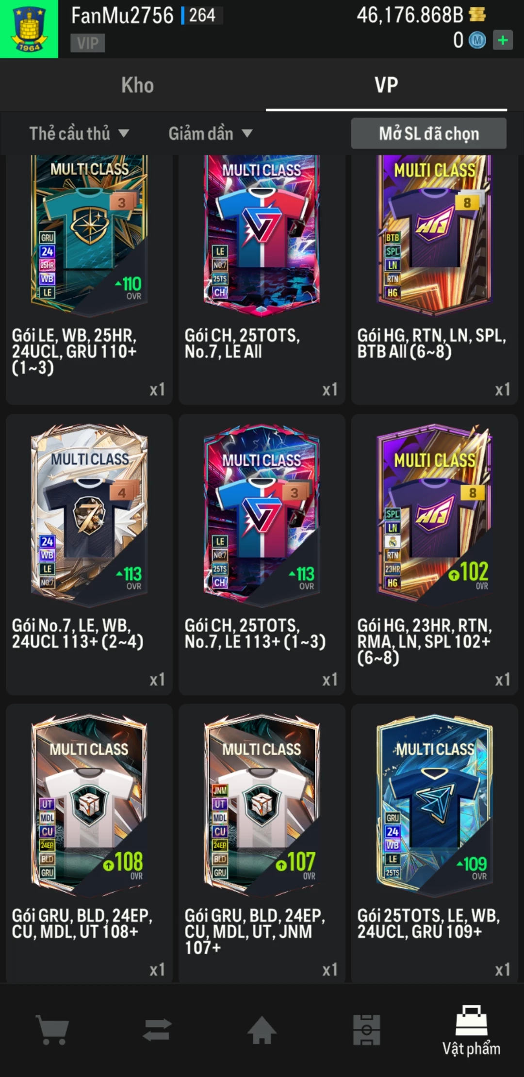 Ảnh ACC mở thẻ (LOẠI SVIP PROMAX) bao gồm có thẻ +12, thẻ Prime (có QH, CP, XS) và 1500+ đến 2000+ thẻ cầu thủ từ Siêu sao đến Miền núi các loại khác. Có sẵn BP trắng trong acc từ 40.000 tỷ BP đến 46.000 tỷ BP kèm theo nhiều ngày SVIP